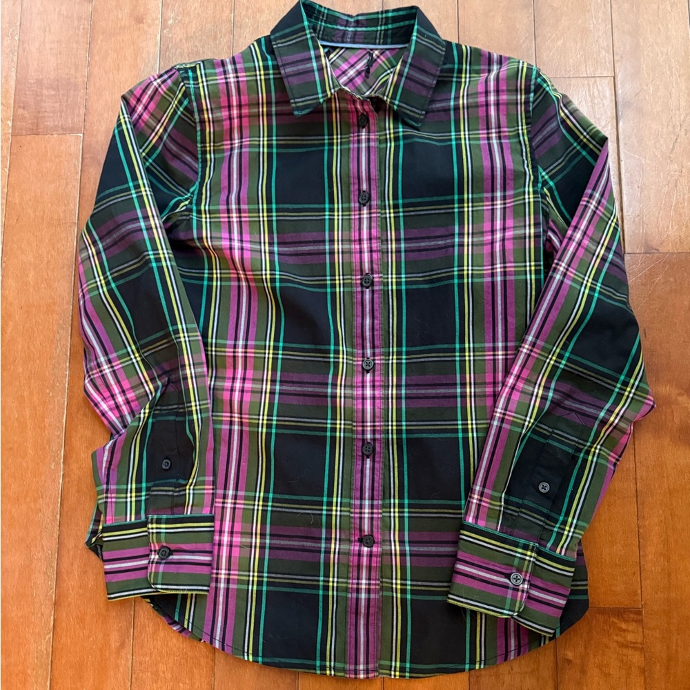 J Crew Pink Black Stewart Tartan button down slim oxford 6 womens